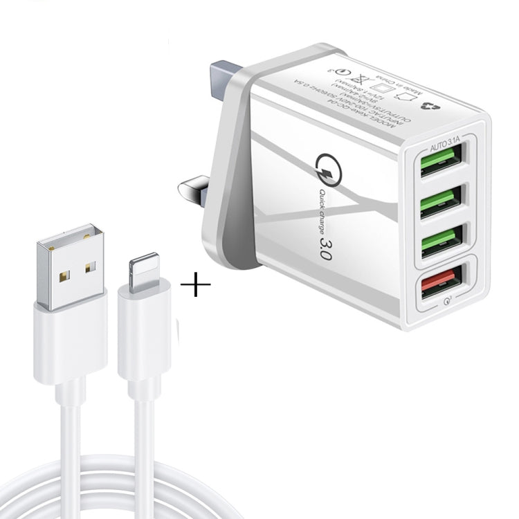 مجموعة شاحن سريع عالمي للسفر 2 في 1، كابل بيانات USB بطول 1 متر إلى 8 دبابيس + شاحن QC 3.0 بقوة 30 واط بأربعة منافذ USB للهواتف المحمولة والأجهزة اللوحية وأجهزة الكمبيوتر، قابس المملكة المتحدة، مجموعة 8 دبابيس قابس المملكة المتحدة