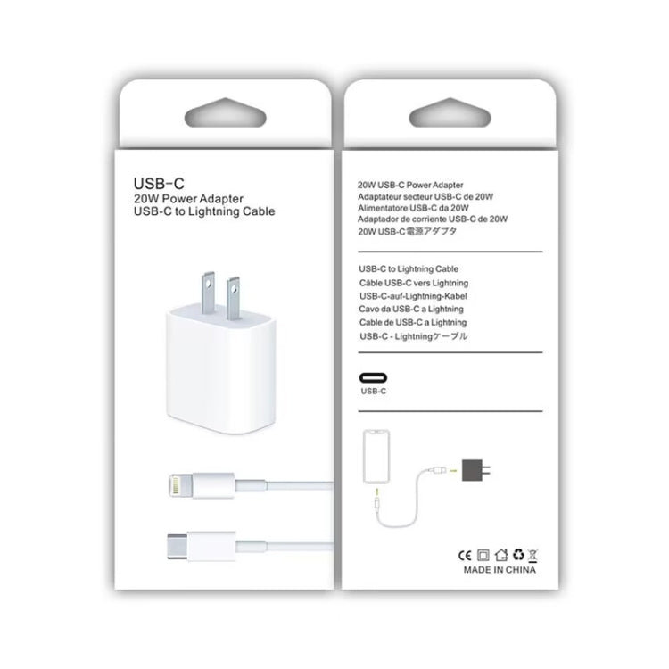 شاحن سفر 2 في 1 بواجهة USB-C / Type-C منفردة بقوة 20 واط + مجموعة كابل بيانات شحن سريع 3A PD3.0 USB-C / Type-C إلى 8 دبابيس، طول الكابل: 1 متر، قابس الولايات المتحدة، 20 واط 1 متر