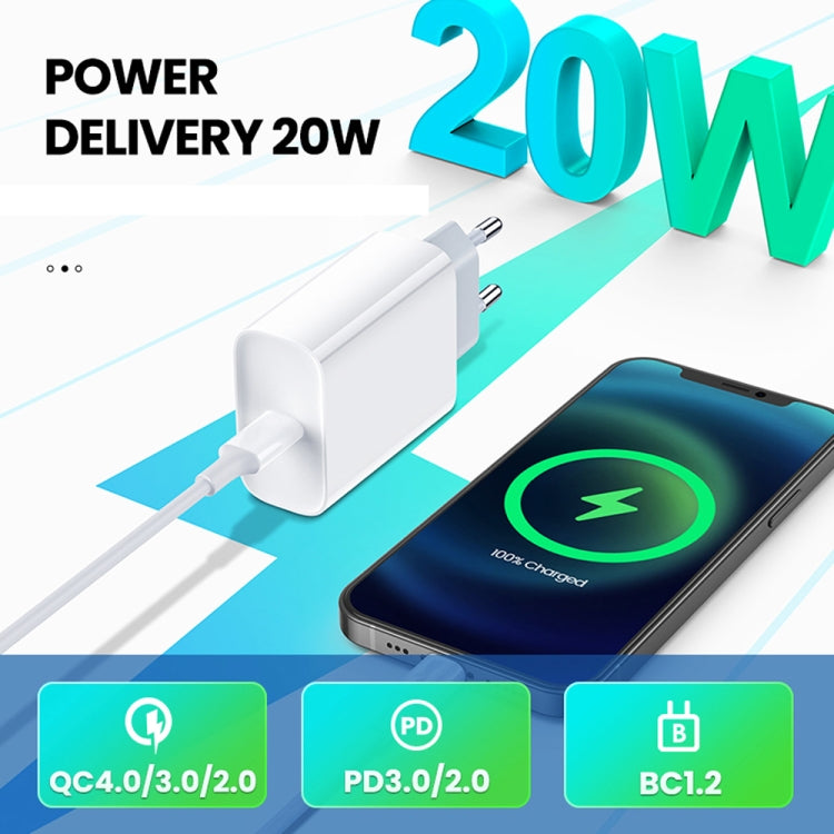 شاحن سفر 2 في 1 بواجهة USB-C / Type-C منفردة بقوة 20 واط + مجموعة كابل بيانات شحن سريع 3A PD3.0 USB-C / Type-C إلى 8 دبابيس، طول الكابل: 2 متر، قابس الاتحاد الأوروبي، 20 واط 2 متر