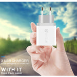 كابل بيانات 2 في 1 USB إلى Micro USB + شاحن سريع عالمي 30 واط QC 3.0 USB + منفذي USB 2.0 بتيار 2.4 أمبير لهواتف المحمول والأجهزة اللوحية وأجهزة الكمبيوتر، مجموعة شاحن سفر، قابس أوروبي، مع كابل Micro USB، قابس أوروبي