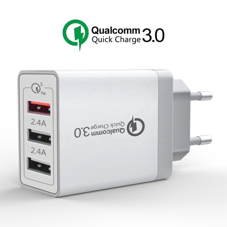 كابل بيانات 2 في 1 USB إلى USB-C / Type-C + شاحن سريع عالمي 30 واط QC 3.0 USB + منفذي USB 2.0 بتيار 2.4 أمبير لهواتف المحمول والأجهزة اللوحية وأجهزة الكمبيوتر، مجموعة شاحن سفر، قابس أوروبي، مع كابل USB-C / Type-C، قابس أوروبي