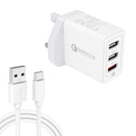 كابل بيانات 2 في 1 USB إلى USB-C / Type-C + شاحن سريع عالمي 30 واط QC 3.0 USB + منفذي USB 2.0 بتيار 2.4 أمبير لهواتف المحمول والأجهزة اللوحية وأجهزة الكمبيوتر، مجموعة شاحن سفر، قابس بريطاني، مع كابل USB-C / Type-C، قابس بريطاني