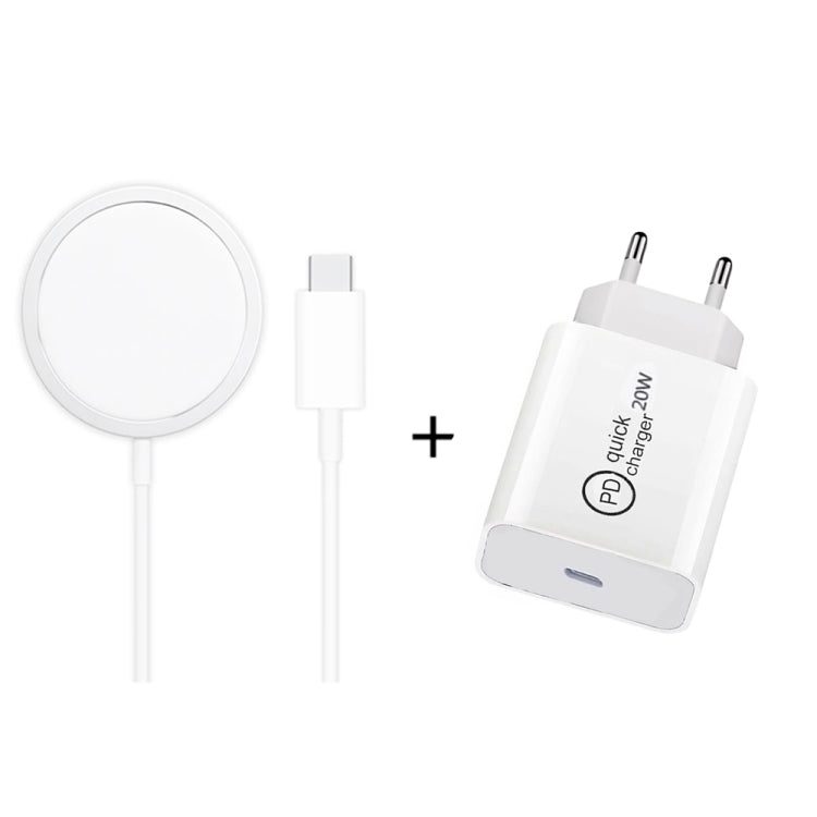 XJ-31 مجموعة شاحن لاسلكي مغناطيسي 2 في 1 بقدرة 15W + شاحن سفر PD 20W USB-C / Type-C لسلسلة iPhone 12، قابس الاتحاد الأوروبي، قابس الولايات المتحدة، قابس المملكة المتحدة
