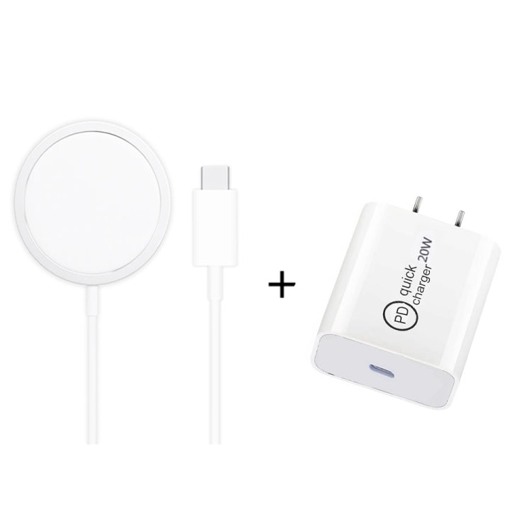 XJ-31 مجموعة شاحن لاسلكي مغناطيسي 2 في 1 بقدرة 15W + شاحن سفر PD 20W USB-C / Type-C لسلسلة iPhone 12، قابس الاتحاد الأوروبي، قابس الولايات المتحدة، قابس المملكة المتحدة