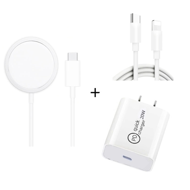 XJ-32 3 في 1 شحن لاسلكي مغناطيسي شفط 15W + شاحن سفر PD 20W USB-C / Type-C + كابل شحن سريع USB-C / Type-C إلى 8 دبوس لسلسلة iPhone، قابس أمريكي، قابس أوروبي، قابس بريطاني