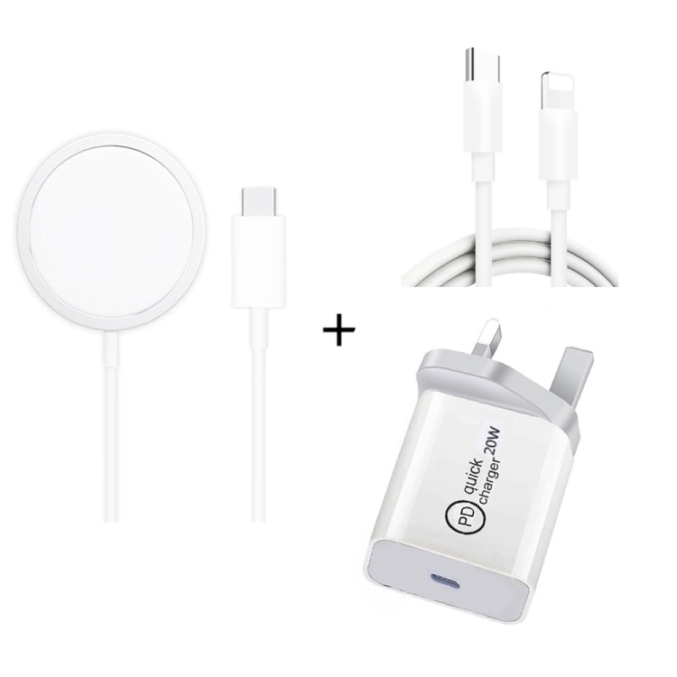 XJ-32 3 في 1 شحن لاسلكي مغناطيسي شفط 15W + شاحن سفر PD 20W USB-C / Type-C + كابل شحن سريع USB-C / Type-C إلى 8 دبوس لسلسلة iPhone، قابس أمريكي، قابس أوروبي، قابس بريطاني