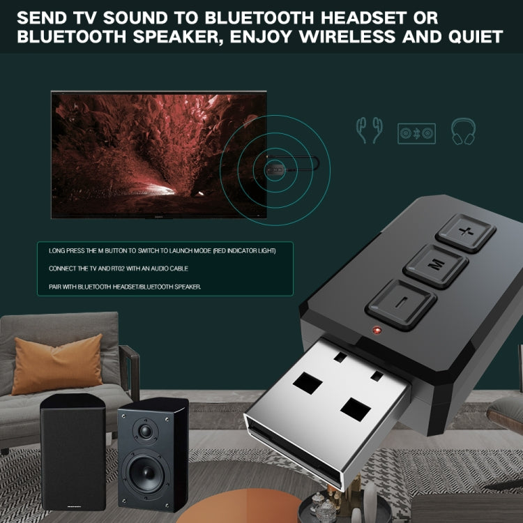 RT02 USB Bluetooth Audio Adapter Receives Transmits 2-in-1 Bluetooth 5.0 Hands-free Talk Car Bluetooth Receiver