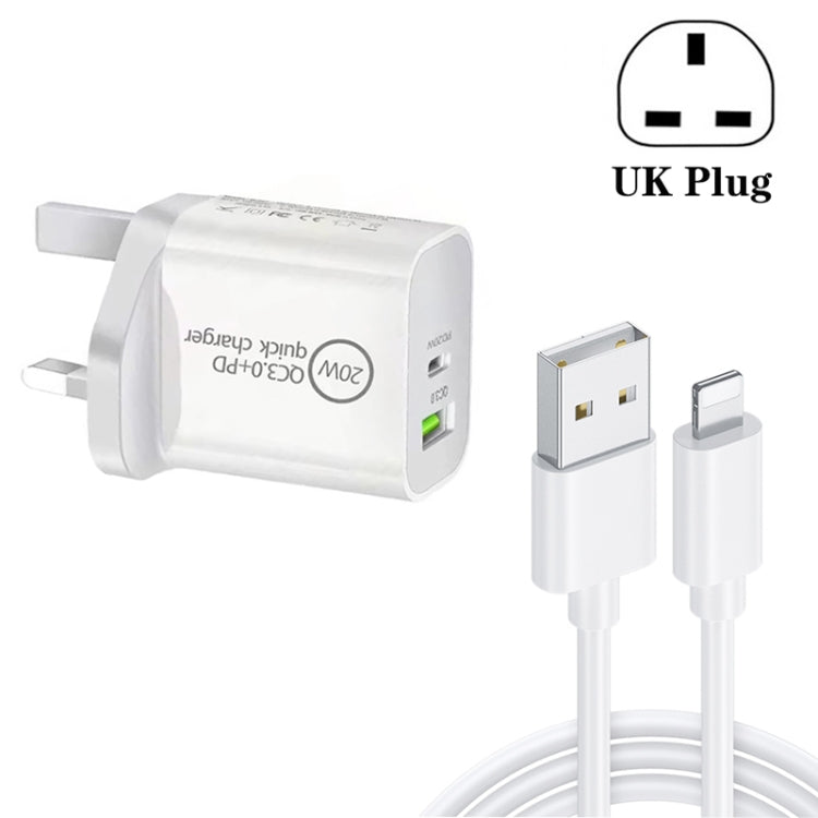 SDC-20WA+C 20W PD 3.0 + QC 3.0 USB Dual Fast Charging Universal Travel Charger with Micro USB to 8 Pin Fast Charging Data Cable, UK Plug, USB to 8 Pin (UK Plug)
