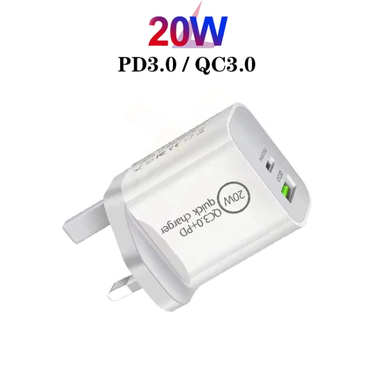 شاحن سفر عالمي مزدوج الشحن السريع SDC-20WA+C 20 واط PD 3.0 + QC 3.0 USB مع كابل بيانات شحن سريع Micro USB إلى 8 بن، قابس المملكة المتحدة، USB إلى 8 بن (قابس المملكة المتحدة)