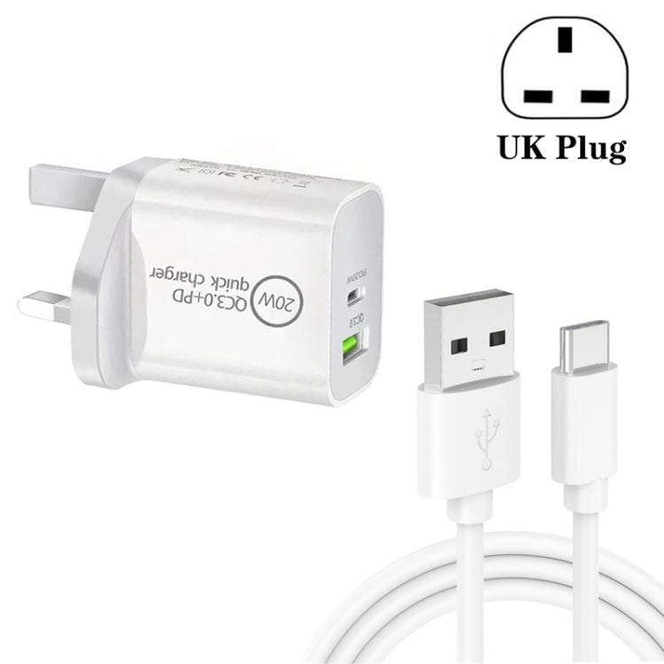 شاحن سفر عالمي مزدوج الشحن السريع SDC-20WA+C 20 واط PD 3.0 + QC 3.0 USB مع كابل بيانات شحن سريع USB إلى Type-C / USB-C، قابس المملكة المتحدة، USB إلى Type-C / USB-C (قابس المملكة المتحدة)