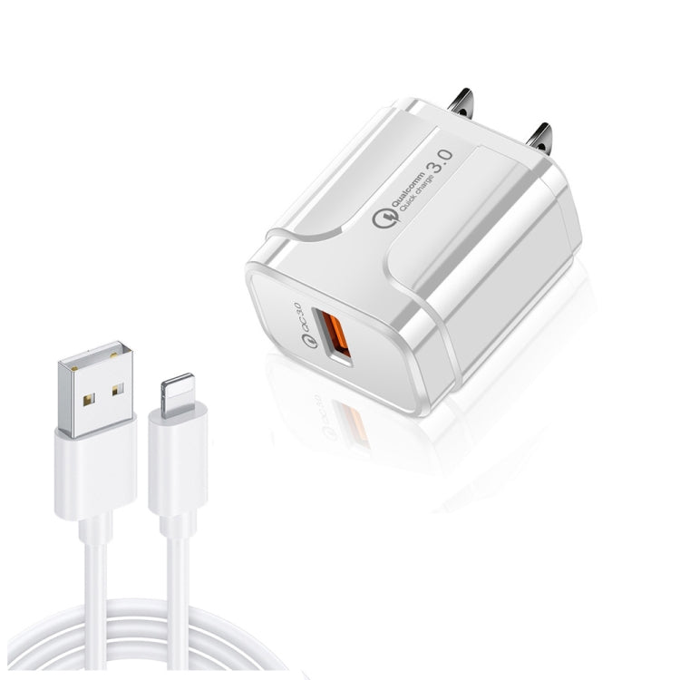 شاحن سفر محمول LZ-023 بقدرة 18 واط QC 3.0 USB + كابل بيانات USB إلى 8 دبابيس بقوة 3 أمبير، قابس الولايات المتحدة، كابل بيانات USB إلى 8 دبابيس، قابس الولايات المتحدة، كابل 8 دبابيس، قابس الولايات المتحدة
