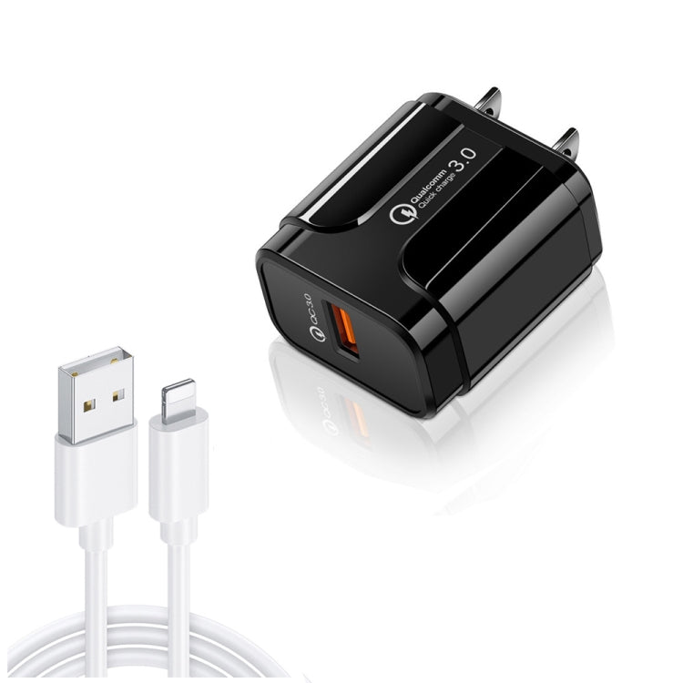 شاحن سفر محمول LZ-023 بقدرة 18 واط QC 3.0 USB + كابل بيانات USB إلى 8 دبابيس بقوة 3 أمبير، قابس الولايات المتحدة، كابل بيانات USB إلى 8 دبابيس، قابس الولايات المتحدة، كابل 8 دبابيس، قابس الولايات المتحدة