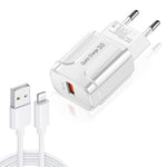 شاحن سفر محمول LZ-023 بقدرة 18 واط QC 3.0 USB + كابل بيانات USB إلى 8 دبابيس بقوة 3 أمبير، قابس الاتحاد الأوروبي، كابل 8 دبابيس، قابس الاتحاد الأوروبي