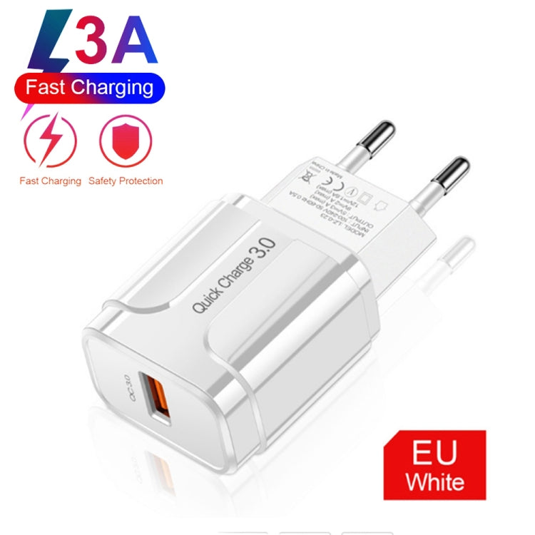 شاحن سفر محمول LZ-023 بقدرة 18 واط QC 3.0 USB + كابل بيانات USB إلى 8 دبابيس بقوة 3 أمبير، قابس الاتحاد الأوروبي، كابل 8 دبابيس، قابس الاتحاد الأوروبي