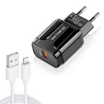 شاحن سفر محمول LZ-023 بقدرة 18 واط QC 3.0 USB + كابل بيانات USB إلى 8 دبابيس بقوة 3 أمبير، قابس الاتحاد الأوروبي، كابل 8 دبابيس، قابس الاتحاد الأوروبي