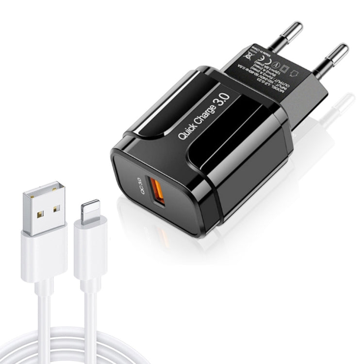 شاحن سفر محمول LZ-023 بقدرة 18 واط QC 3.0 USB + كابل بيانات USB إلى 8 دبابيس بقوة 3 أمبير، قابس الاتحاد الأوروبي، كابل 8 دبابيس، قابس الاتحاد الأوروبي