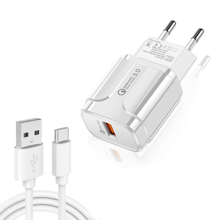شاحن سفر USB محمول LZ-023 18W QC 3.0 + كابل بيانات USB إلى Type-C 3A، قابس أوروبي، كابل بيانات Type-C، قابس أوروبي