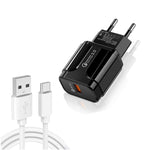 شاحن سفر USB محمول LZ-023 18W QC 3.0 + كابل بيانات USB إلى Type-C 3A، قابس أوروبي، كابل بيانات Type-C، قابس أوروبي