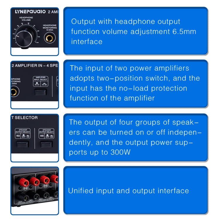 B032 2-in 4-out Power Amplifier Sound Switcher Speaker  Lossless Sound Quality 300W Per Channel Switch Distributor Comparator with Headset Monitoring Function / Audio Input, B032