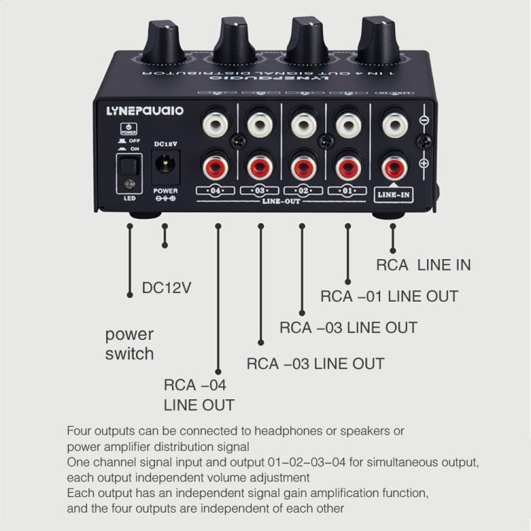 1-In 4-Out Front Stereo Signal Amplifier, Independent Output Volume Adjustment RCA Interface No Loss  Allocator, US Plug, B029
