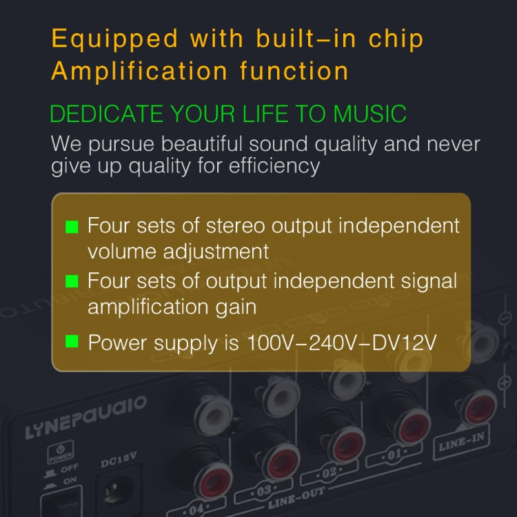1-In 4-Out Front Stereo Signal Amplifier, Independent Output Volume Adjustment RCA Interface No Loss  Allocator, US Plug, B029