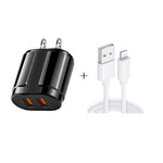 شاحن سفر محمول مزدوج USB + كابل بيانات USB بطول 1 متر إلى 8 دبابيس، قابس أمريكي
