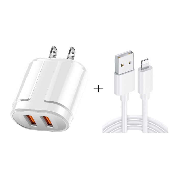 شاحن سفر محمول مزدوج USB + كابل بيانات USB بطول 1 متر إلى 8 دبابيس، قابس أمريكي