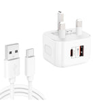 YSY-6087PD 20W PD3.0 + QC3.0 Dual Fast Charge Travel Charger with USB to Type-C Data Cable, EU Plug, US Plug, UK Plug