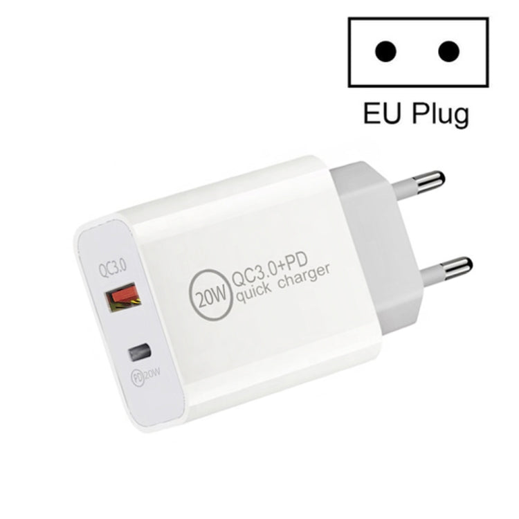 شاحن سفر مزدوج شحن سريع 20W PD3.0+QC 3.0 للآيفون، هواوي، سامسونج، شاومي، قابس أوروبي، قابس أمريكي، قابس أسترالي
