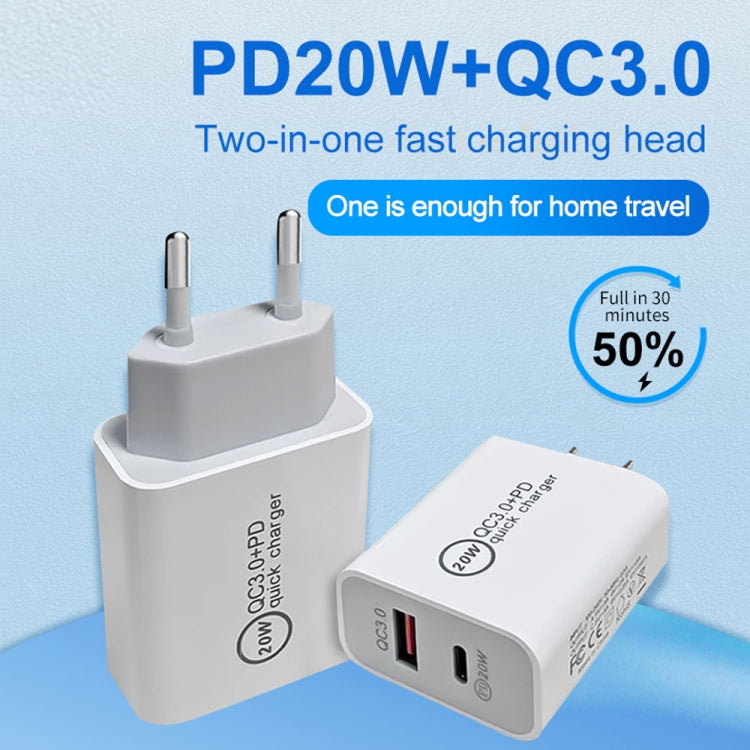 شاحن سفر مزدوج شحن سريع 20W PD3.0+QC 3.0 للآيفون، هواوي، سامسونج، شاومي، قابس أوروبي، قابس أمريكي، قابس أسترالي