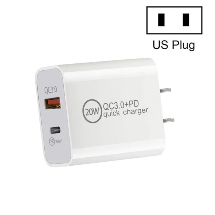 شاحن سفر مزدوج شحن سريع 20W PD3.0+QC 3.0 للآيفون، هواوي، سامسونج، شاومي، قابس أوروبي، قابس أمريكي، قابس أسترالي