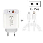 شاحن سفر سريع بقدرة 20 واط PD Type-C + QC 3.0 بمنفذ USB مع كابل بيانات شحن سريع USB-C / Type-C إلى 8 دبابيس، قابس الاتحاد الأوروبي، قابس الولايات المتحدة، قابس أستراليا