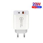 شاحن سفر سريع بقدرة 20 واط PD Type-C + QC 3.0 بمنفذ USB مع كابل بيانات شحن سريع USB-C / Type-C إلى 8 دبابيس، قابس الاتحاد الأوروبي، قابس الولايات المتحدة، قابس أستراليا