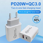 شاحن سفر سريع بقدرة 20 واط PD Type-C + QC 3.0 بمنفذ USB مع كابل بيانات شحن سريع USB-C / Type-C إلى 8 دبابيس، قابس الاتحاد الأوروبي، قابس الولايات المتحدة، قابس أستراليا