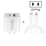شاحن سفر سريع بقدرة 20 واط PD Type-C + QC 3.0 بمنفذ USB مع كابل بيانات شحن سريع USB-C / Type-C إلى 8 دبابيس، قابس الاتحاد الأوروبي، قابس الولايات المتحدة، قابس أستراليا