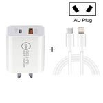 شاحن سفر سريع بقدرة 20 واط PD Type-C + QC 3.0 بمنفذ USB مع كابل بيانات شحن سريع USB-C / Type-C إلى 8 دبابيس، قابس الاتحاد الأوروبي، قابس الولايات المتحدة، قابس أستراليا