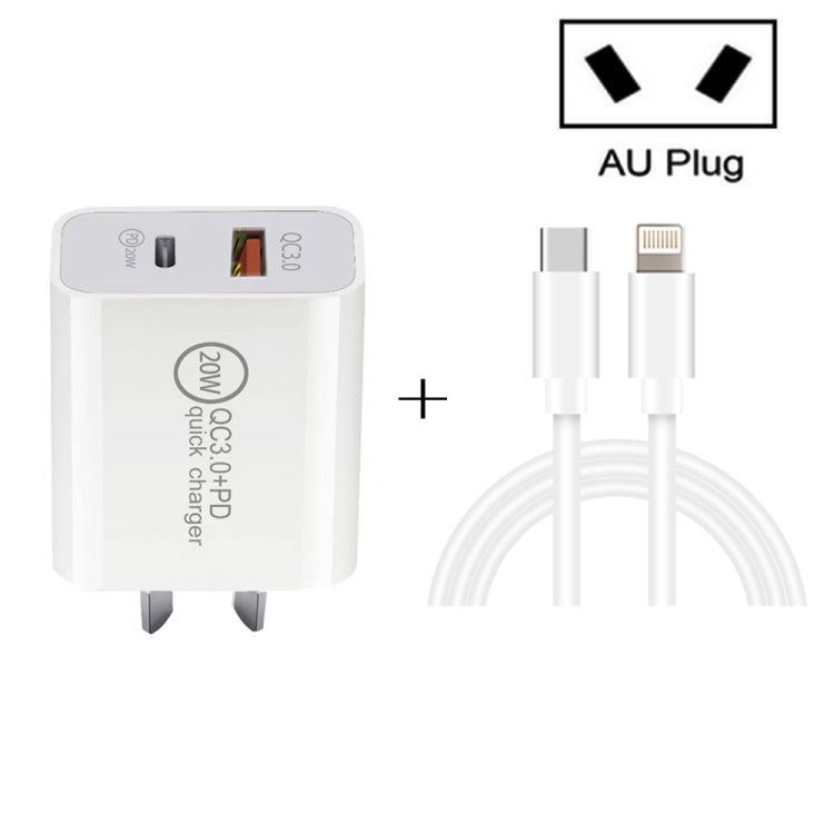 شاحن سفر سريع بقدرة 20 واط PD Type-C + QC 3.0 بمنفذ USB مع كابل بيانات شحن سريع USB-C / Type-C إلى 8 دبابيس، قابس الاتحاد الأوروبي، قابس الولايات المتحدة، قابس أستراليا