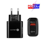 شاحن سريع TE-PD01 بمنفذين USB PD 20 واط + QC3.0 مع ضوء مؤشر، قابس الاتحاد الأوروبي، قابس الاتحاد الأوروبي