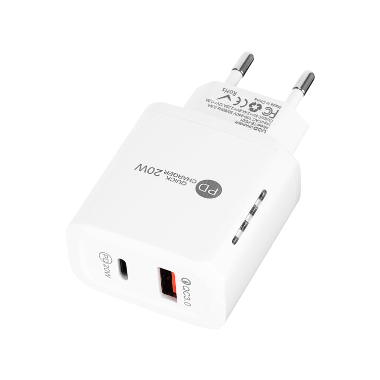 شاحن سريع TE-PD01 بمنفذين USB PD 20 واط + QC3.0 مع ضوء مؤشر، قابس الاتحاد الأوروبي، قابس الاتحاد الأوروبي