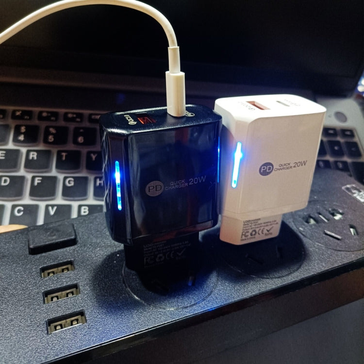 شاحن سريع TE-PD01 بمنفذين USB PD 20 واط + QC3.0 مع ضوء مؤشر، قابس الاتحاد الأوروبي، قابس الاتحاد الأوروبي