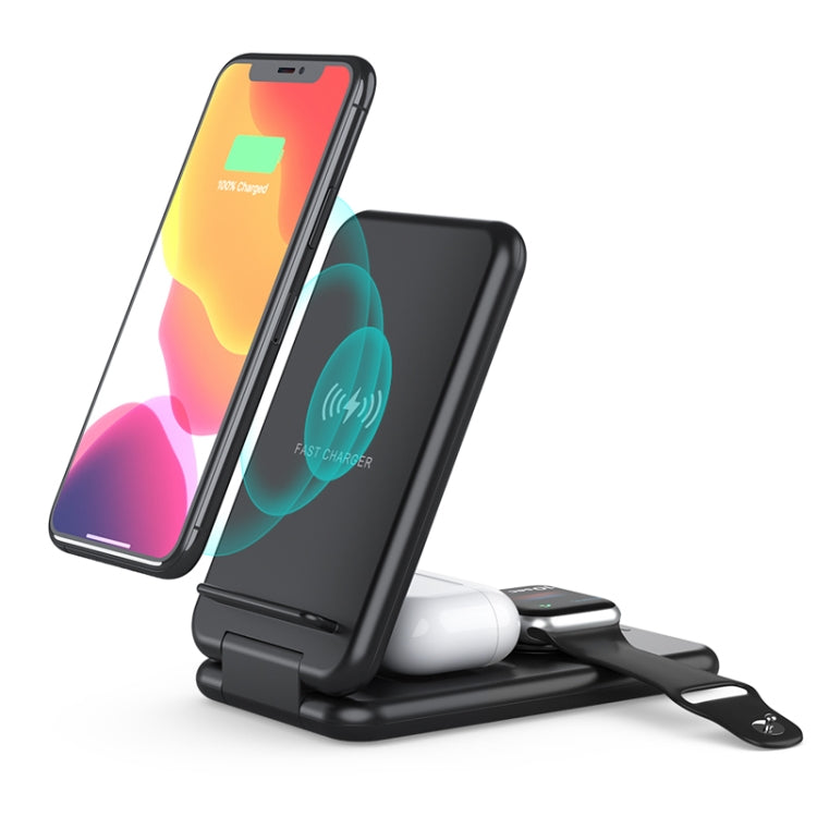 محطة شحن لاسلكي سريعة قابلة للطي 3 في 1 بقدرة 15W Qi مع حامل هاتف لهواتف iPhone وساعات iWatch وسماعات AirPods