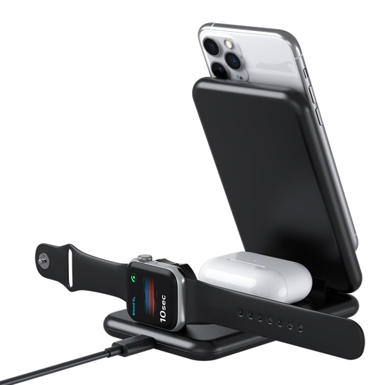 محطة شحن لاسلكي سريعة قابلة للطي 3 في 1 بقدرة 15W Qi مع حامل هاتف لهواتف iPhone وساعات iWatch وسماعات AirPods