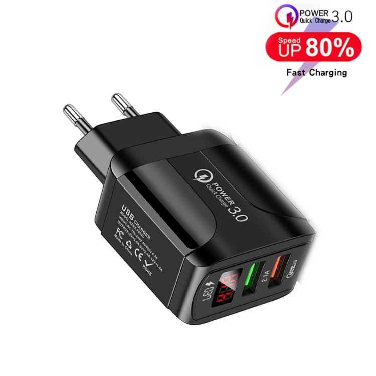 شاحن سريع F002C QC3.0 USB + USB 2.0 مع شاشة رقمية LED للهواتف المحمولة والأجهزة اللوحية، قابس الاتحاد الأوروبي، قابس الاتحاد الأوروبي