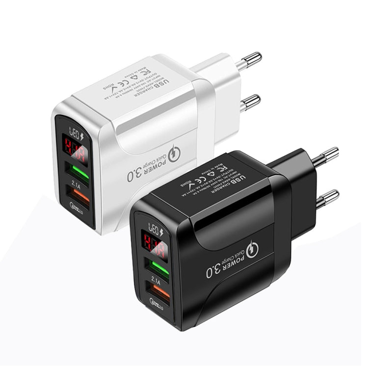 شاحن سريع F002C QC3.0 USB + USB 2.0 مع شاشة رقمية LED للهواتف المحمولة والأجهزة اللوحية، قابس الاتحاد الأوروبي، قابس الاتحاد الأوروبي