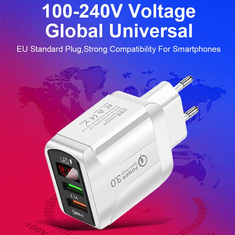 شاحن سريع F002C QC3.0 USB + USB 2.0 مع شاشة رقمية LED للهواتف المحمولة والأجهزة اللوحية، قابس الاتحاد الأوروبي، قابس الاتحاد الأوروبي