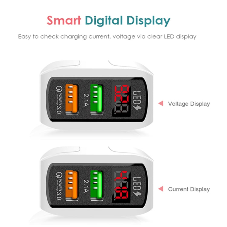 F002C QC3.0 USB + USB 2.0 LED Digital Display Fast Charger with USB to Type-C Data Cable, UK Plug, UK Plug +  Type-C Cable