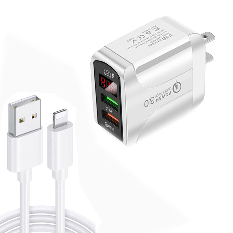 F002C QC3.0 USB + USB 2.0 LED Digital Display Fast Charger with USB to 8 Pin Data Cable, US Plug, US Plug +  8 Pin Cable