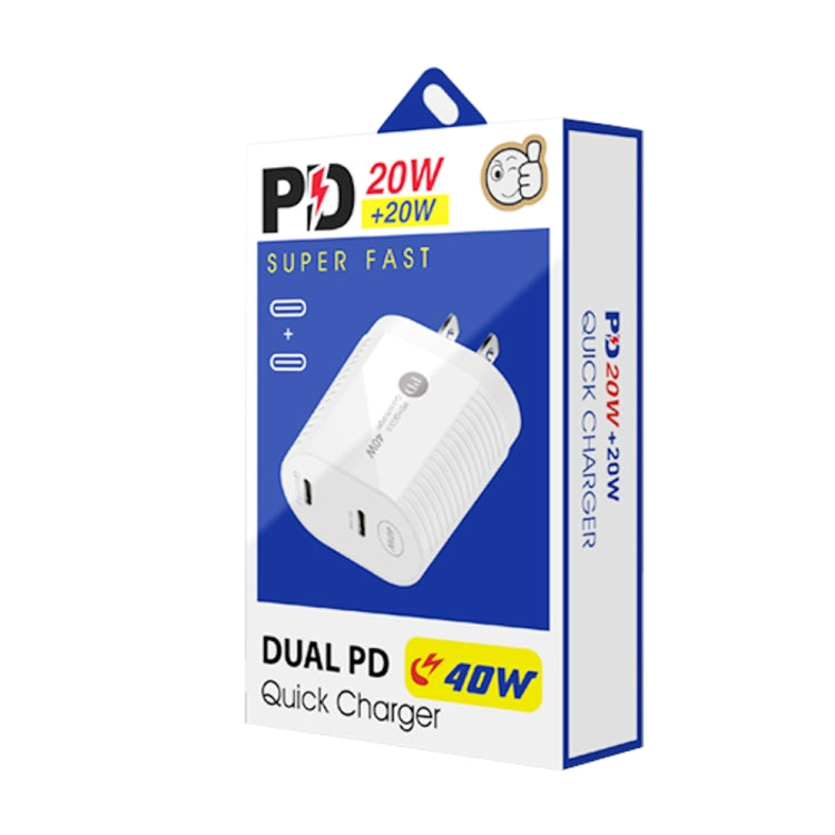 شاحن سريع مزدوج المنفذ بقوة 40 واط PD / Type-C مع كابل بيانات Type-C إلى Type-C، قابس الولايات المتحدة، قابس الولايات المتحدة + كابل Type-C إلى Type-C