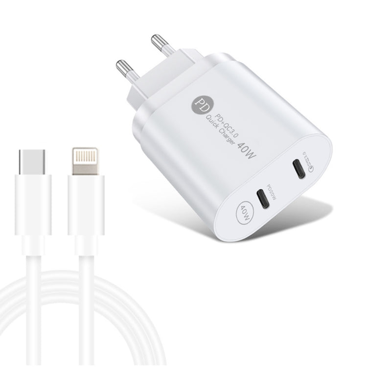 002 40W Dual Port PD / Type-C Fast Charger with USB-C to 8 Pin Data Cable, EU Plug, EU Plug + Type-C to 8 Pin Cable