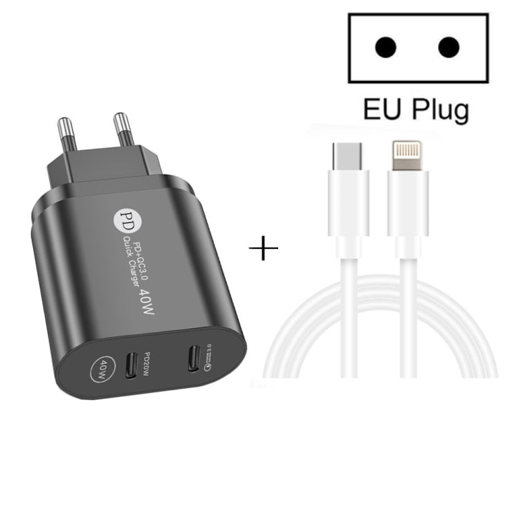 002 40W Dual Port PD / Type-C Fast Charger with USB-C to 8 Pin Data Cable, EU Plug, EU Plug + Type-C to 8 Pin Cable